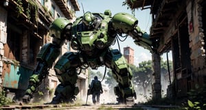 In this surreal image, a Zaku tank, its armor battered and sporting a camouflage pattern of moss and vines, lumbers down a dilapidated city street. The once-proud mech is now a shadow of its former self, its once sleek design now marred by the relentless march of time and nature. The Zaku's left arm is missing entirely, leaving a gaping hole in its armor where a once powerful weapon once was mounted. Instead, it carries a futuristic Tomson gun, a testament to the Russian technology that has kept it running. The tank's tracks are strewn with leaves and twigs, and the air is thick with the scent of overgrown plants that have reclaimed the landscape. The Zaku stops in front of a crumbling building, its head turning to the side as if listening for something. As you observe this scene, you can't help but feel a sense of melancholy and wonder.