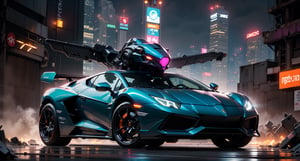  (In the heart of Tokyo's neon-lit streets), (a sleek black Lamborghini sits, its form menacingly curved), (and aerodynamic). (Its full-mech, jet-pak equipped, machinegun-wielding armor is splattered with Russian tech), (giving it an otherworldly, post-apocalyptic edge). (The vehicle's armor is cracked and dented), (revealing a metallic camouflage pattern beneath), (making it appear almost organic). (A lone frog, donning a stylish beret), (hopping nonchalantly across the hood of the car), (appears to be unaware or unbothered by the power and technology surrounding it). (The sky above is a deep purple), (with streaks of pink and orange), (giving the scene an ethereal, surreal glow). (The cityscape stretches out in the background, bustling with neon lights and towering skyscrapers.) 