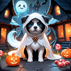 (cute dog wearing ghost costume), (haunted house background), (candy), a concept art icon for league of legends, a digital art logo, illustration, league of legends style icon, inspired by wlop style, 8k, dota 2 style icon, fine details, sharp, very detailed icon, high resolution rpg ability/spell/item icon, natural beauty