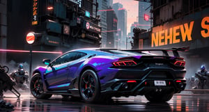  (In the heart of Tokyo's neon-lit streets), (a sleek black Lamborghini sits, its form menacingly curved), (and aerodynamic). (Its full-mech, jet-pak equipped, machinegun-wielding armor is splattered with Russian tech), (giving it an otherworldly, post-apocalyptic edge). (The vehicle's armor is cracked and dented), (revealing a metallic camouflage pattern beneath), (making it appear almost organic), (appears to be unaware or unbothered by the power and technology surrounding it). (The sky above is a deep purple), (with streaks of pink and orange), (giving the scene an ethereal, surreal glow). (The cityscape stretches out in the background, bustling with neon lights and towering skyscrapers.) 