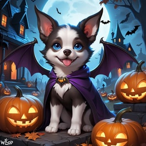 (cute dog wearing bat costume), bat wings, (haunted house background), (cute), (creepy halloween pumpkin), a concept art icon for league of legends, a digital art logo, illustration, league of legends style icon, inspired by wlop style, 8k, dota 2 style icon, fine details, sharp, very detailed icon, high resolution rpg ability/spell/item icon, natural beauty