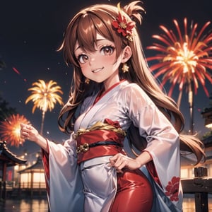 raidenshogundef,fantasy00d,yofukashi background,Mabel Pines,Mabel, mabel celebrating happy new year 2024, Fireworks,kleedef, Mabel Pines, mabel with long hair, smiling, Mabel has brown hair, Mabel has a bullet in her head, Brown hair, Brown eyes, pink cheeks, diadem red, mabel alone, body up to the hip, yukata, more tender, yukata with brown color, star earrings