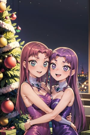 raidenshogundef,fantasy00d,starfire,MarinKitagawa,yofukashi background, starfire from teen titans, blackfire from teen titans, hugging, christmas dresses, smiling, Christmas hats, Red dresses, starfire and blackfire from teen titans, ,RavenTT, ,Christmas,kitagawa marin sb,christmas tree, starfire in red christmas dress, blackfire with red christmas dress, starfire has red hair, starfire has green eyes, blackfire has dark violet hair, blackfire has purple eyes, starfire and blackfire are sisters, blackfire, blackfire with red dress, starfire with red dress, starfire with light green eyes