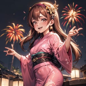 raidenshogundef,fantasy00d,yofukashi background,Mabel Pines,Mabel, mabel celebrating happy new year, Fireworks,kleedef, Mabel Pines, mabel with long hair, smiling, Mabel has brown hair, Mabel has a bullet in her head, Brown hair, Brown eyes, pink cheeks, diadem pink, mabel alone, body up to the hip, yukata, more tender, yukata with brown color, star earrings, headband that matches the yukata, more remote, diadem pink or fuchsia