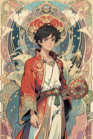 (masterpiece, best quality, highly detailed, ultra-detailed, intricate), illustration, pastel colors, art_nouveau, Art Nouveau by Alphonse Mucha, tarot, A male in a red robe and a mask holds a wand and displays a white disc in the other. This disc represents "infinite creativity", alluding to the infinite potential and infinite possibilities that the magician possesses.
