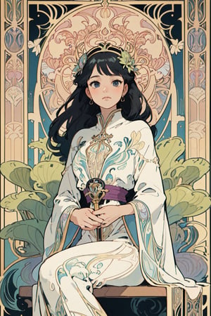 (masterpiece, best quality, highly detailed, ultra-detailed, intricate), illustration, pastel colors, art_nouveau, Art Nouveau by Alphonse Mucha, tarot, A young woman, dressed in a black and white robe and holding a scepter, sits on a white stone bench. Her posture is very dignified and calm, and her expression is calm and deep, as if she is deliberate. Behind her is a black and white door, symbolizing the gateway to wisdom and the inner world.