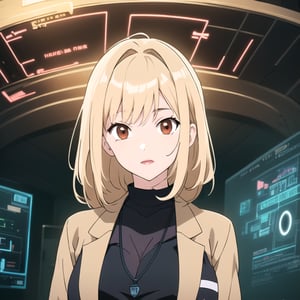 anime style, Late 30s woman, intelligent aura, wearing a lab coat, Technical Director of Kinetronics AI, manipulating complex circuit diagrams and holographic displays