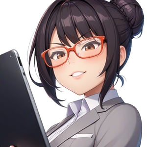 anime styleAppearance: Late 30s female, dark hair in a bun, deep penetrating eyes, wearing square-framed glasses. Grey pantsuit with a white blouse. Energetic expression. Holding a tablet. cel anime, upper body, from below, dutch angle shot, white background, intelligent, neutral, looking down