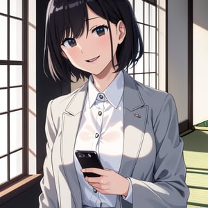 (masterpiece, best quality, super detailed), 1 girl, Japanese woman, very short black hair, tall, pantsuit, crisp white shirt, confident smile, intelligent eyes, athletic build, smartphone in hand, natural light