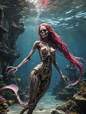 photorealistic, assassinkahb style, amazing quality, translucent dark-pink fin tail, masterpiece, best quality, hyper detailed, ultra detailed, UHD, perfect anatomy, dof, hyper-realism, majestic, awesome, inspiring, (Create a full-body image of a cyberpunk skeleton mermaid underwater), her long, disheveled long hair blows in the wind. (long-hair:1.4), atmospheric haze, cinematic composition, soft shadows, very detailed, hd, RAW photograph, masterpiece, top quality, best quality, official art,highest detailed, atmospheric lighting, cinematic composition, complex multiple subjects, 4k HDR, vibrant, highly detailed, Leica Q2 with Summilux 35mm f/1.2 ASPH, Ultra High Resolution, wallpaper, detailed background, epic composition, high quality , (8k, RAW photo, highest quality), hyperrealistic,more detail XL