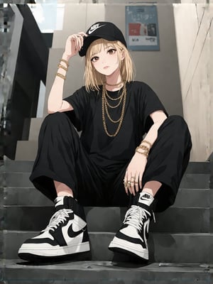 This is a digital illustration depicting a young woman, possibly a teenager, The subject has fair skin, light blonde hair peeking out from under a black leather baseball cap worn, and large, expressive brown eyes. They are dressed in a casual, yet stylish, outfit consisting of a loose-fitting black t-shirt, baggy black pants, and black and white high-top sneakers with Nike swooshes. Multiple gold chains adorn their neck, wrists, and fingers, including a large, chunky ring on their right hand. 

The background is an urban setting, likely a city street, with tall, shadowy buildings and signs in the background, suggesting a busy, possibly nighttime environment. The overall color palette is dark and muted, with shades of black, gray, and white dominating the scene. The textures are detailed, with a realistic approach to the clothing and the gritty, urban feel of the background. The person is seated on a low, on the stairs, Low angle photography, looking from below, looking up from the bottom of the shoe, with their legs slightly spread and one arm resting on their knee, Touching the hat with the other hand, he tilted his head and looked at the camera, exuding a relaxed yet confident demeanor. The illustration captures a blend of streetwear and edgy fashion, with a focus on the individual's eclectic and bold style.