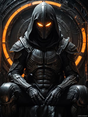 futuristic warrior cloaked in shadow with glowing orange halo, seated and introspective, monochromatic sci-fi attire with utility gear, hood concealing face, dark and gritty, cyberpunk art style, dramatic light and shadow, 25-35 years old, humanoid, textured and detailed, inspired by h.r. giger, masterpiece,