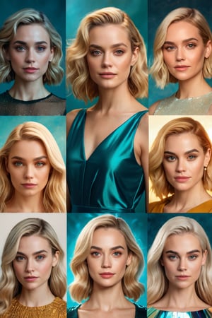 the picture is about an blonde woman with different clothing, in the style of dark aquamarine and light amber, prismatic portraits, 8k resolution, mashup of styles, whitcomb-girls, golden light, celebrity image mashups