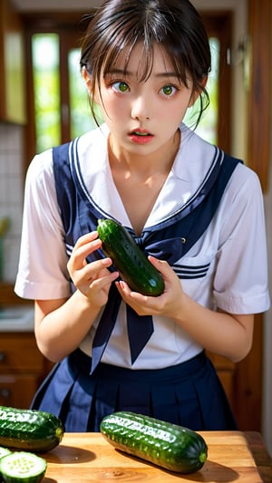 anime style, indoor kitchen, in heat,(high resolution:1.3),(sharp focus:1.1),(beautiful detailed eyes),(best quality:1.1), (beautiful detailed face:1.2),
shiny skin, high contrast,  
1girl, looking at cucumber, small sailor uniform, pleats skirt, navel,stomach, breath, 
holding cucumber in hand, (looking at cucumber: 1.3), dazed face,cross-eyed,full-face blush, afterglow,in heat,sweat,
Grasp the skirt left hand, 