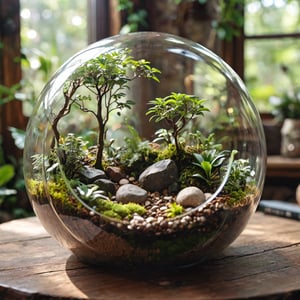 A  glass sphere terrarium, inside the sphere is an earthy dense forest, dirt, boulders, and green foliage. 8k high quality detailed, soft sunlight, serene, studio color grading, shaped sphere, fantasy studio lighting, indoor background, photorealistic very attractive, ultra detailed 3D, (Very Intricate), depth of field, bokeh