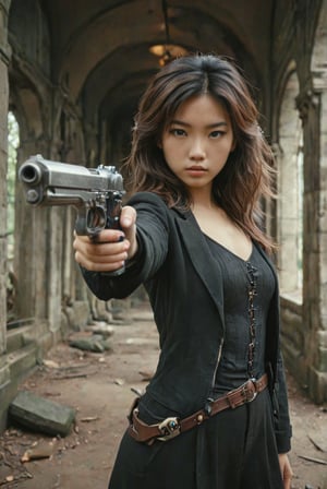 Holding a Handgun,subterranean crystal palace,endangered species,contemplative atmosphere,mysterious mood,windswept hair sexy asian young woman,film grain texture,analog photography aesthetic,visual storytelling,dynamic composition,looking at viewer,eye contact,nsfw,dual pistols