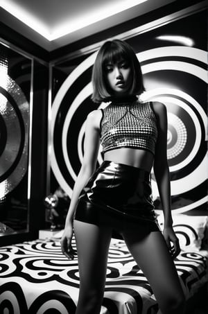 professional monochrome photograph of a 18 year old fashion model by  Daido Moriyama wearing vinyl miniskirt ,  bold lines, hyper detailed, dark limited palette, chiaroscuro,  (intricate details, masterpiece, best quality:1.4), mesmerizing,  luxurious futuristic bedroom backdrop, dynamic, dramatic, Futurism Art Style, dynamic pose, looking at viewer, 