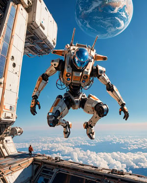 (otherworldly), highly insanely detailed, masterpiece, top quality, best quality, highres, 4k, 8k, RAW photo, (very aesthetic, beautiful and aesthetic),
A man is climbing on top of an alien robot that is hanging from the edge of a space station in orbit above Earth, in the style of Syd Mead and Hajime Sorayama. A blue sky with the planet Earth is visible behind it, with large waves below.