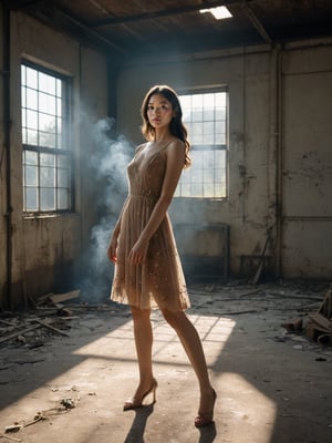 (best quality, masterpiece, photorealistic, realistic), 8K,tyndall effect, (flowers on face), A european girl in a flesh-colored tight dress is standing in a dusty abandoned factory, light shining from the window, smoke around,Leica color, 35mm, Abandoned building, (Various dance moves:1.2), (the style of photography:1.1), (japanese style fuji photography style:1.3), (real:1.1),forest,(in the dark:1.1), (deep shadow:1.2), (low key:1.3),(Tyndall effect:1.2),(full_body:1.7)