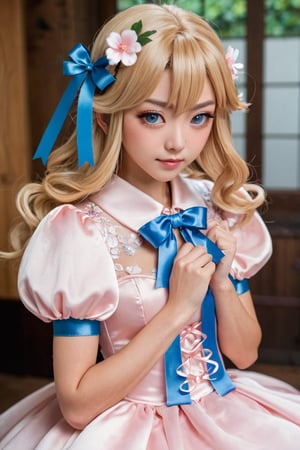 best quality, 1 Japanese girl,(cowboy shot:1.4), 
, blonde hair, blue eyes, blue ribbon, blush, closed mouth, dress, eyelashes, flower, from side, fur trim, fur-trimmed dress, hair flower, hair ornament, long hair, looking at viewer, own hands together, petals, puffy short sleeves, puffy sleeves, ribbon, short sleeves, solo, standing, white dress