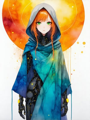 Anime, minimal, Marbling art of a anime girl, ((Cyberpunk female, futuristic shaman, full-body portrait, watercolor illustration, asymmetric hair, orange hair, green eyes, augmented cybernetic arms, canvas toga, canvas hood)), ((Spell rings, runic circles, mystical power, glowing particles, ais-darkpartz)), BadDream, OverallDetail, Bokeh blur, colorful, cp2077, Recypu style