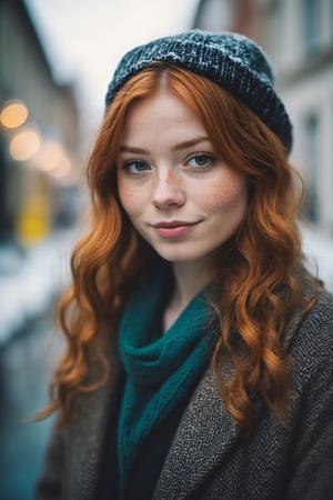 closed lips, cute smile, cinematic photo (art by Mathias Goeritz:0.9) , photograph, Lush Girlfriend, Tax collector, Rich ginger hair, Winter, tilt shift, Horror, specular lighting, film grain, Samsung Galaxy, F/5, (cinematic still:1.2), freckles . 35mm photograph, film, bokeh, professional, 4k, highly detailed ,1 girl,midjourney,yuzu, perfect, fingers,
