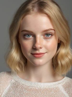 photo r3al, photorealistic, masterpiece, hyperdetailed photography of a beautiful short woman posing for a picture, 22 years old, pale skin, freckled, straigt hair, blonde, cute, gorgeous, angelic face, best quality, 8k UHD, 8k, ultra quality, ultra detailed, closed mouth, soft lighting, smooth lighting, softbox, smirking, photoshop_(medium), natural face, front view, Short skirt, fishnet stockings, thick, closeup, upper body, smile, realistic eyes, detailed eyes,