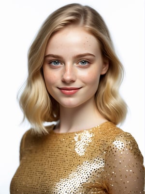 photo r3al, photorealistic, masterpiece, hyperdetailed photography of a beautiful short woman posing for a picture, 22 years old, pale skin, freckled, straigt hair, blonde, cute, gorgeous, angelic face, best quality, 8k UHD, 8k, ultra quality, ultra detailed, closed mouth, soft lighting, smooth lighting, softbox, smirking, professional photography, white wall background, photoshop_(medium), natural face, front view, golden shiny dress, thick, closeup, upper body, smile, realistic eyes, detailed eyes,