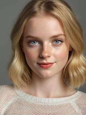 photo r3al, photorealistic, masterpiece, hyperdetailed photography of a beautiful short woman, 22 years old, pale skin, freckled, straigt hair, blonde, cute, gorgeous, angelic face, best quality, 8k UHD, 8k, ultra quality, ultra detailed, closed mouth, soft lighting, smooth lighting, softbox, smirking, photoshop_(medium), natural face, Short skirt, fishnet stockings, smile, realistic eyes, detailed eyes,