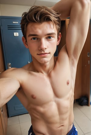 score_9, score_8_up, score_7_up, rating_safe, close-up, solo, fit, male, standing, thick calves, locker room, elbow up, armpit, bryce, side, pov, selfie, reaching out, 