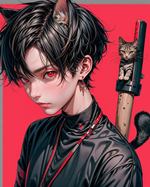 Feminine man, Neko, cat boy, black hair, Red eyes, slender, skinny, short, cropped clothes, no twins, one person