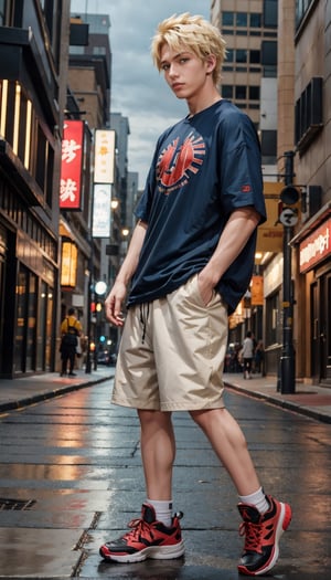 Masterpiece, Best Quality, Naruto, only 1 boy, blonde, blue eyes, dynamic pose, he is dressed in casual clothes, oversized clothes, full body, in Air Jordan shoes, night city