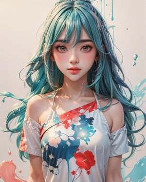 (Masterpiece, Best Quality, High Resolution), White Background, Acrylic Paint, ((Color Splash, Splash of Ink, Color Splash)), Sweet Chinese Girl, Long Light Blue Hair, [Light Blue|Pink] Hair, Curly Hair, Glitter, Peach Lips, White Shirt, Front, Upper Body