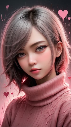 anime artwork of pastel painting abstract portrait by jamie litch,in the style of aggressive digital illustration,dark pink, heart shaped patterns, romantic poses,paint dripping technique,anime art,sharp brushwork,a painting of a henny with a pink sweater,in the style of ross tran,captures raw emotions,ivanovich pimenov,pensive poses,dark pink and dark gray,, anime style, key visual, vibrant, studio anime, highly detailed,1girl,girl