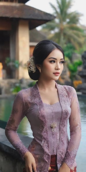 Illustrate a beautiful girl close up dressed in kebaya, set against the backdrop of a Balinese temple. Ensure that the image is photorealistic and of top-quality 8K HDR, capturing every intricate detail of the scene.,kebaya,kebaya indonesia
