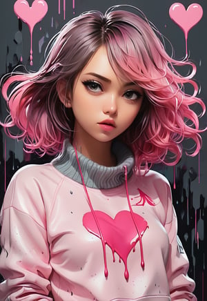 anime artwork of pastel painting abstract portrait by jamie litch,in the style of aggressive digital illustration,dark pink, heart shaped patterns, romantic poses,paint dripping technique,anime art,sharp brushwork,a painting of a henny with a pink sweater,in the style of ross tran,captures raw emotions,ivanovich pimenov,pensive poses,dark pink and dark gray,, anime style, key visual, vibrant, studio anime, highly detailed,1girl