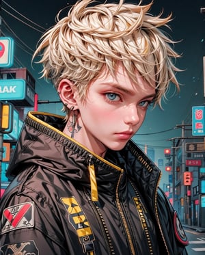 boy, white yellow hair, cool black open short jacket, tatoos, messy fade cut hair, crazy, on futuristic neon night street background,