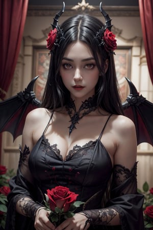 Illustrate a beautiful yet terrifying vampire woman with black wings, surrounded by striking red roses. Ensure to capture the intricate details and eerie ambiance in the image.