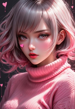 anime artwork of pastel painting abstract portrait by jamie litch,in the style of aggressive digital illustration,dark pink, heart shaped patterns, romantic poses,paint dripping technique,anime art,sharp brushwork,a painting of a henny with a pink sweater,in the style of ross tran,captures raw emotions,ivanovich pimenov,pensive poses,dark pink and dark gray,, anime style, key visual, vibrant, studio anime, highly detailed