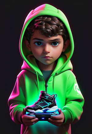 1boy pixar puppy, of a digital dealer, fullbody, cape open, face in shadow matrix, holding game console, wearing sneakers and hoodie, neon colors, distinctly dark background, by (alena aenami and