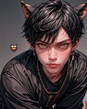 (4K works))、​masterpiece、(top-quality)、Korean Male、Adult male、((Adult 26 years old))、((Adult older brother))、((werewolf man))、((The Man with Wolf Ears))、((Face similar to Hyun Jin))、Cool Men、tall、((Glaring expression))、((Strong eyes))、((Black cool werewolf fashion))、((Long sleeve long trouser style))、((smaller face))、Slim body、((hooligan))、((Black short-haired))、((Yellow eyes))、((Shot alone))、((Solo Photography))、Professional Photos、((Emoticon pack))、((emoji pack))、Wolf's Pose、((Werewolf costume))、10 emojis、10 poses and facial expression emojis