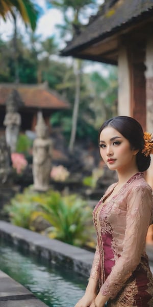 Illustrate a beautiful girl close up dressed in kebaya, set against the backdrop of a Balinese temple. Ensure that the image is photorealistic and of top-quality 8K HDR, capturing every intricate detail of the scene.,kebaya,kebaya indonesia