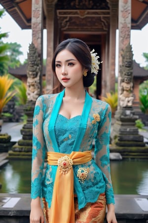 Illustrate a beautiful girl close up dressed in kebaya, set against the backdrop of a Balinese temple. Ensure that the image is photorealistic and of top-quality 8K HDR, capturing every intricate detail of the scene.,kebaya,kebaya indonesia,p3rfect boobs,cleavage