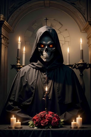 a waist up skull faced portrait of an evil demented CHV3CZombie, CHV3CReaper style zombie priest of death adorned in ornate royal black robes and a Papal tiara at a sinister crypt altar, candles, and roses, high resolution, award-winning picture in the style of the diablo video game franchise, centered, perfect composition, Professional, masterpiece, commissioned, best quality, Color Corrected, fixed in post, emended, ameliorated, idyllic