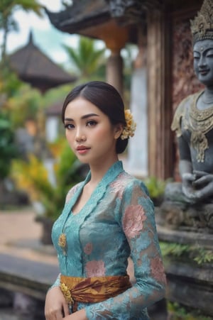 Illustrate a beautiful girl close up dressed in kebaya, set against the backdrop of a Balinese temple. Ensure that the image is photorealistic and of top-quality 8K HDR, capturing every intricate detail of the scene.,kebaya,kebaya indonesia