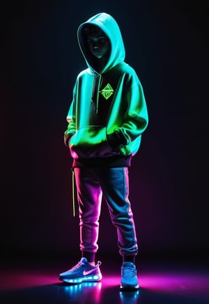 1boy of a digital dealer, fullbody, cape open, face in shadow matrix, holding game console, wearing sneakers and hoodie, neon colors, distinctly dark background, and,1boy,boy