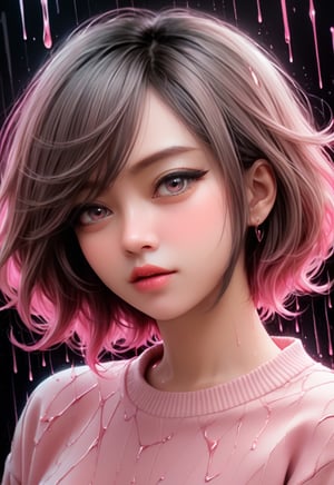 anime artwork of pastel painting abstract portrait by jamie litch,in the style of aggressive digital illustration,dark pink, heart shaped patterns, romantic poses,paint dripping technique,anime art,sharp brushwork,a painting of a henny with a pink sweater,in the style of ross tran,captures raw emotions,ivanovich pimenov,pensive poses,dark pink and dark gray,, anime style, key visual, vibrant, studio anime, highly detailed,1girl,girl