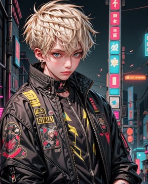 boy, white yellow hair, cool black open short jacket, tatoos, messy fade cut hair, crazy, on futuristic neon night street background,