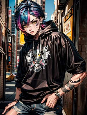 Cool and trendy rabbits, rainbow-colored hair, Yellow eyes, Wear trendy hip-hop clothes, Wearing a hoodie, Graphic T-shirt and ripped jeans, Lots of tattoos and piercings, Doodle style background, Highly detailed background, perfect masterpiece, High quality, High resolution