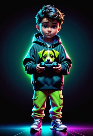 1boy pixar puppy, of a digital dealer, fullbody, cape open, face in shadow matrix, holding game console, wearing sneakers and hoodie, neon colors, distinctly dark background, and,1boy,boy